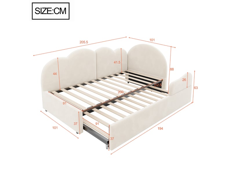 Lit superposé en l 90x200+90x190 cm, tête de lit nuage, velours beige, sans matelas - Conforama C