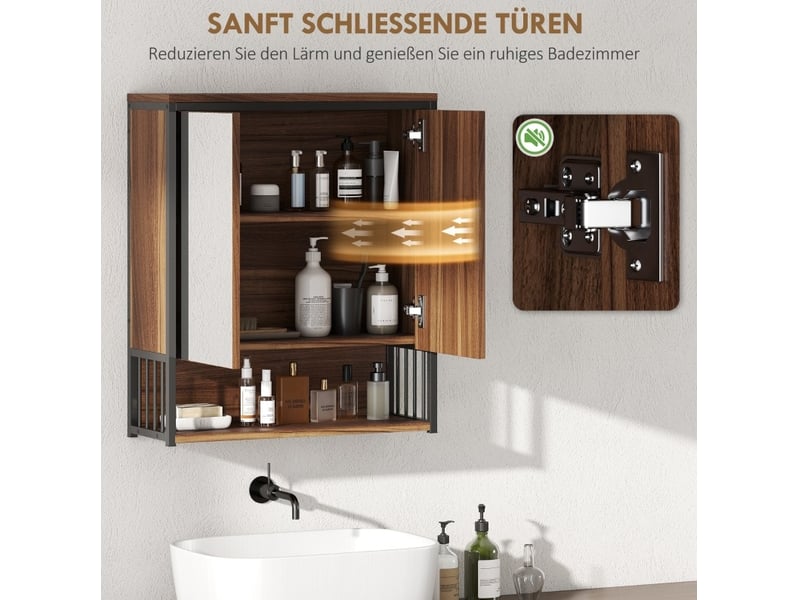  Meuble miroir de salle de bain 56x65x20 cm portes à fermeture douce mdf et panneau de particules marron  - Conforama E