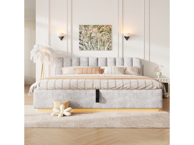  Lit coffre 180x200 cm gris clair, tissu chenille, sommier relevable hydraulique, led contrôlée par appli, sommier à lattes inclus  - Conforama W