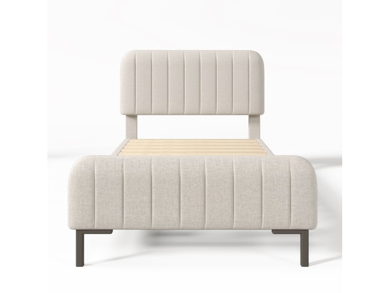  Lit simple enfant 90x190 cm gris beige clair lin, tête de lit réglable, sommier à lattes inclus  - Conforama D