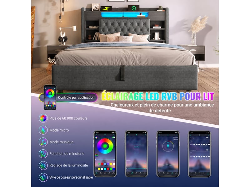  Lit coffre hydraulique 180 x 200 cm, led, usb et usb-c, tissu lin gris  - Conforama E