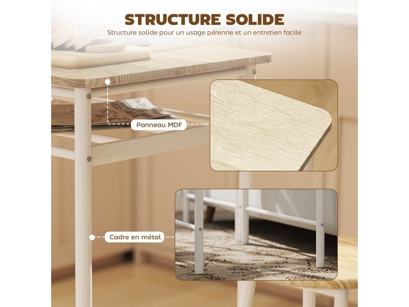  Ensemble table de bar avec tabourets, table à manger debout avec 2 chaises, 80x50x90cm, étagère et pieds en métal, blanc  - Conforama W