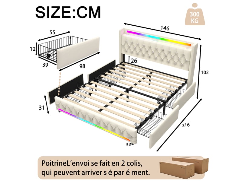  Lit 2 places 140x200 cm beige avec bluetooth, 4 tiroirs, led, ports usb+type-c sans matelas EBD852F-BG - Conforama D