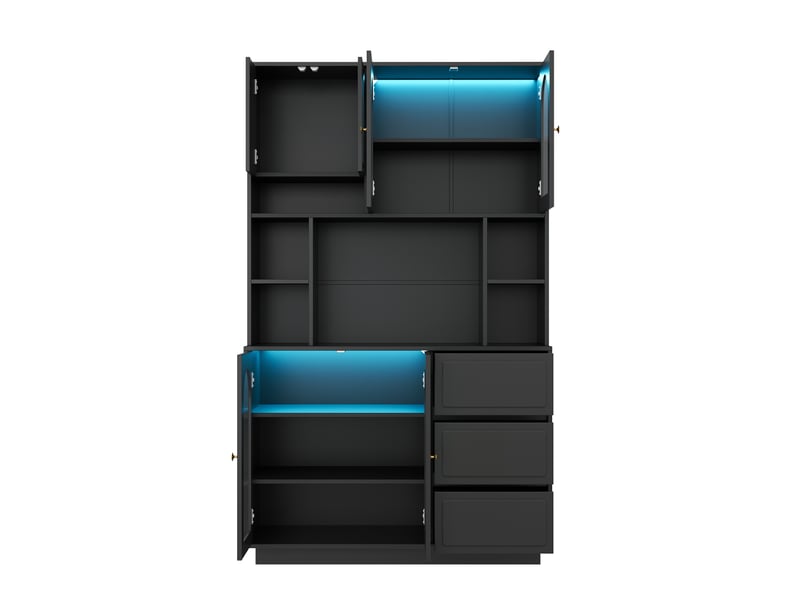  Buffet de cuisine haut noir en mdf 106x30x175 cm, 6 portes, 3 tiroirs, portes acryliques cintrées et led  - Conforama E