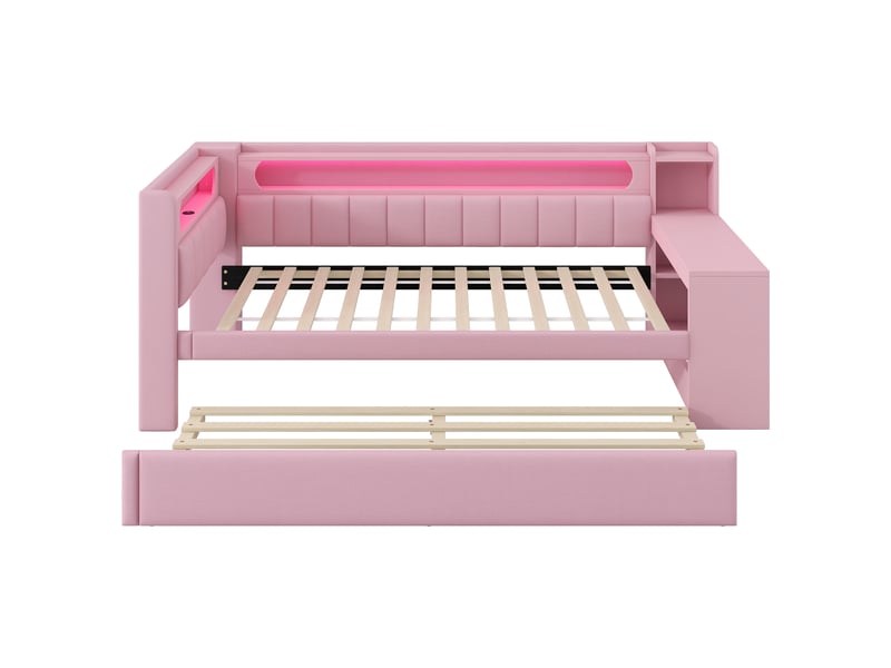 Lit tiroir gigogne 90x200 cm avec bureau, led 7 couleurs, ports usb, tissu lin rose, sans matelas - Conforama D