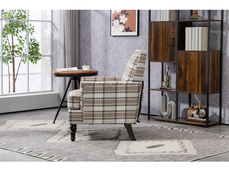 Fauteuil d'accent vintage rembourré avec dossier capitonné et pieds tournés en coton-lin marron et blanc - Conforama E