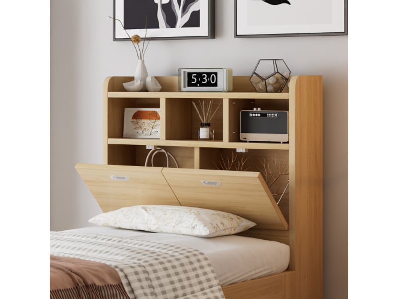  Lit enfant 90x200 cm avec rangements – tête de lit, étagère, tiroir coulissant, table pliante, bois naturel  - Conforama D
