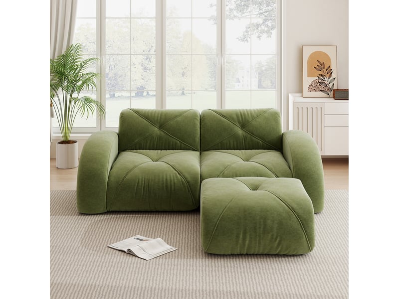  Canapé modulable ulevr 2 places avec pouf en chenille vert, mousse haute densité 32d, 204 x 171 x 76 cm  - Conforama D
