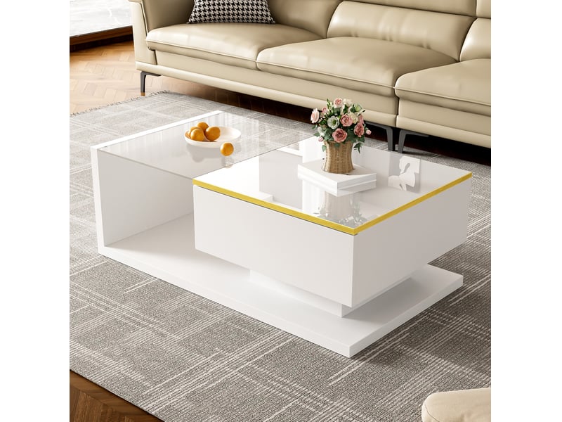  Table basse 90x50 cm led panneau de particules blanc brillant  - Conforama E
