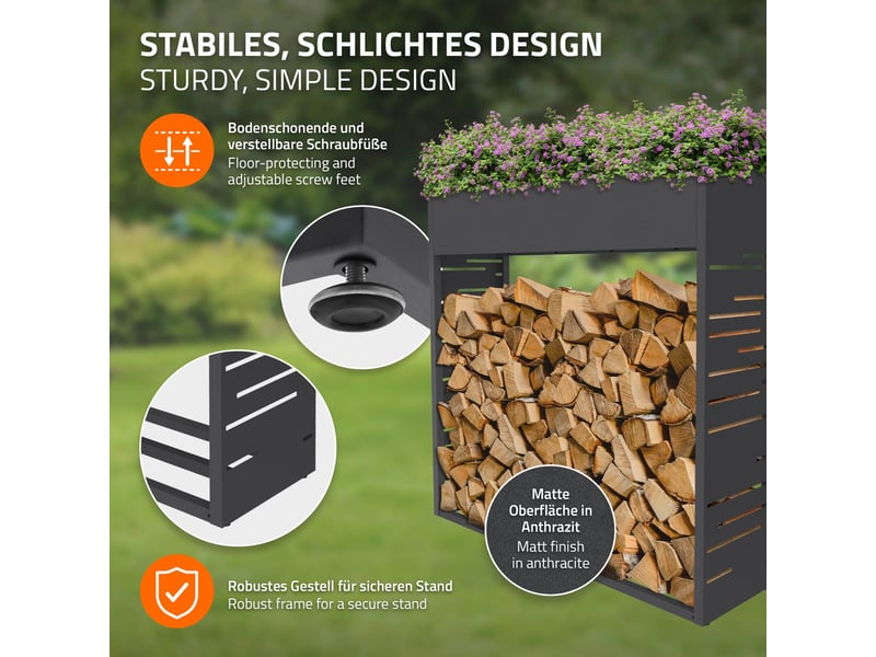  Ml-design range-bûches d'extérieur avec jardinière, en acier galvanisé résistant aux intempéries, support de stockage bois de chauffage cheminée, motif de treillis, anthracite, 112 x 30 x 111 cm ECD Germany GmbH - Conforama C