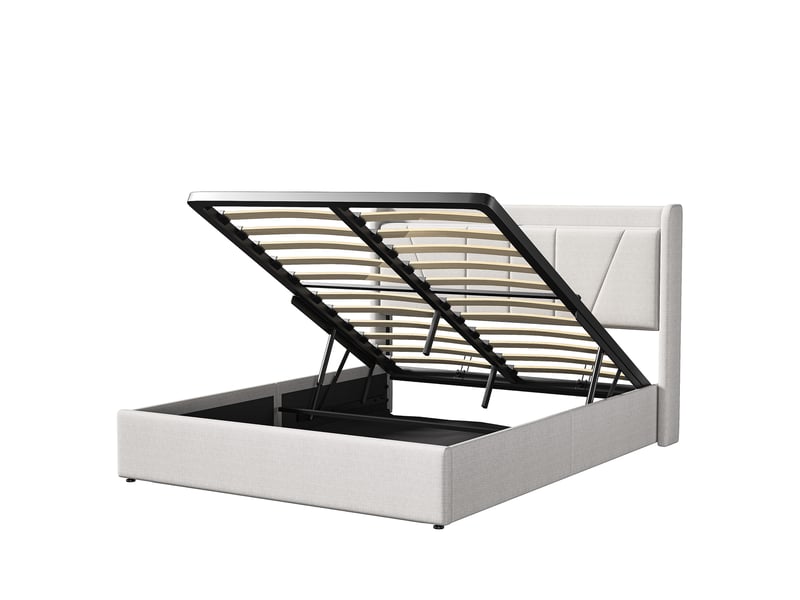  Lit coffre 2 places 140x200 cm, lit adulte double avec rangement, 2 ports usb et 1 type-c, design simple, lin beige  - Conforama E