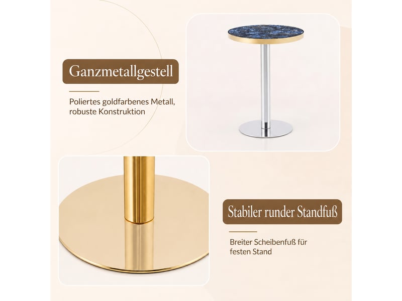  Table d’appoint ronde avec plateau effet marbre et pied central stable - lpospi - bord doré, mdf et métal bleu 60 × 73,7 cm  - Conforama E