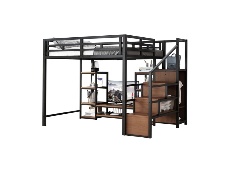  Lit mezzanine tcqpz 140 x 200 cm avec support tv prise et escalier de rangement noir  - Conforama A