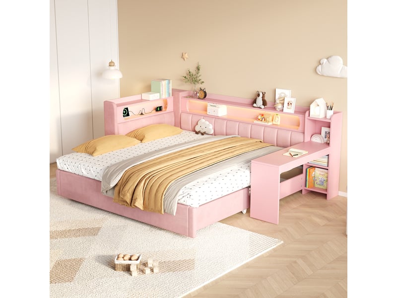  Lit banquette 1 place 200 × 90 cm extensible 200 × 180 cm, led réglable, usb, bureau et étagères, sans matelas, rose  - Conforama C