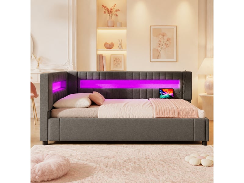  Lit simple 90x200 cm rangement hydraulique et led en lin gris  - Conforama D