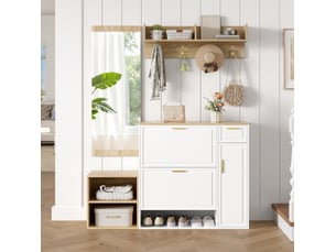 Meubles d'entrée avec meuble à chaussures, banc, patère et miroir pour entrée en bois blanc et naturel 139,5 × 35 × 166 cm