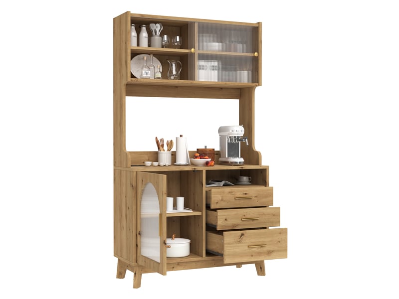  Buffet haut de cuisine avec 2 prises et ports usb-a et usb-c, portes en acrylique ondulé, bois, 100,5 × 40 × 178 cm  - Conforama A