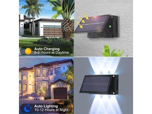 Lot de 4 appliques solaires d'extérieur – Appliques murales LED à 6 LED, éclairage vers le haut et vers le bas, étanches, pour jardin, balcon, terrasse et escaliers, lumière blanche