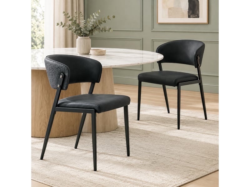  Chaise de salle à manger avec dossier ergonomique et pieds métal  - assise rembourrée simili cuir noir  - Conforama C