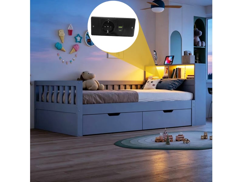  Lit multifonction, 90x200 cm, mobilier de chambre, avec rangements, led, prises, matelas non inclus, bois, coloris gris  - Conforama E