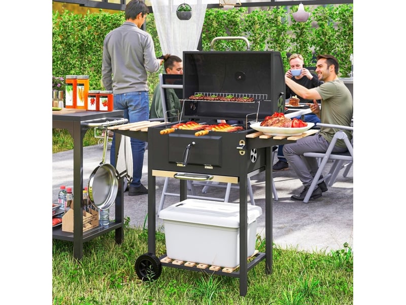  Barbecue au charbon mobile 112x58x107 cm – noir – couvercle avec thermomètre et bac réglable  - Conforama B