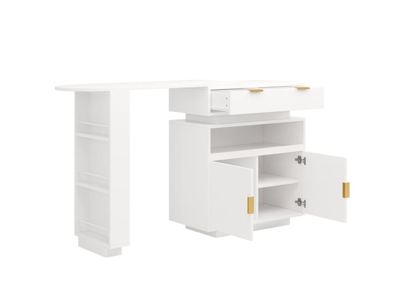  Table de bar extensible blanche 115-183×40×99 cm, îlot cuisine, led, rangement, rotation 360°, bar mobile  - Conforama D