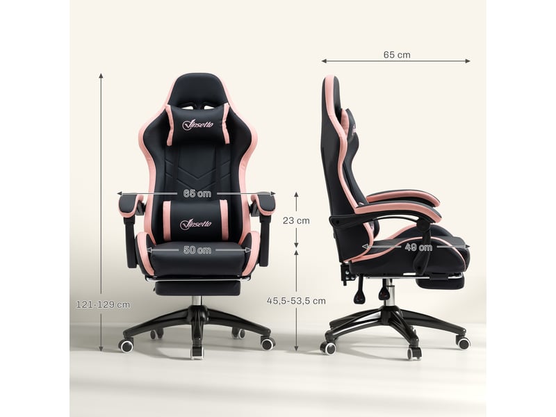  Chaise de bureau, chaise gaming, 1 appui-tête, 1 support lombaire, rose et noir  - Conforama E