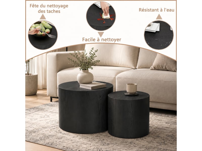  Lot de 2 tables gigognes noires, table basse ronde en mdf, design gain de place, aucun assemblage requis.  - Conforama D