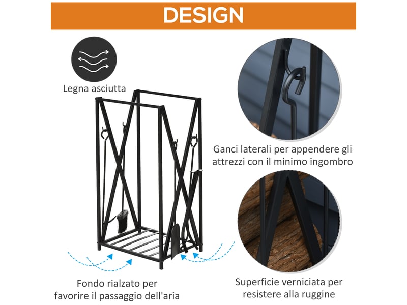  Porte-bûches en acier avec 4 accessoires, format vertical compact, capacité 100 kg  - Conforama W