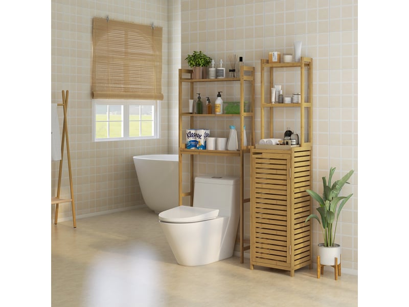  Étagère wc 3 niveaux en bambou avec dispositif anti-basculement, meuble gain de place pour salle de bain, naturel  - Conforama B