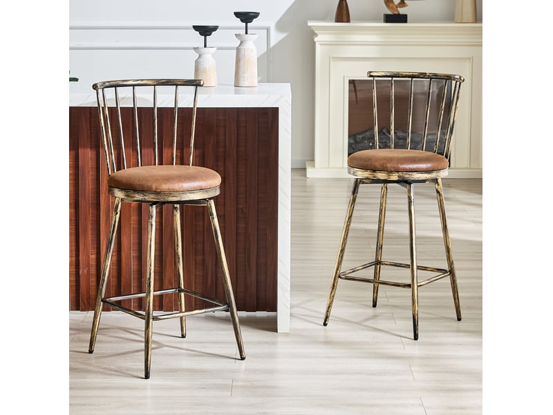  Tabouret de bar haut 39x39x96 cm, chaise de bar, style windsor, dossier à barreaux, structure en métal, couleur marron  - Conforama D