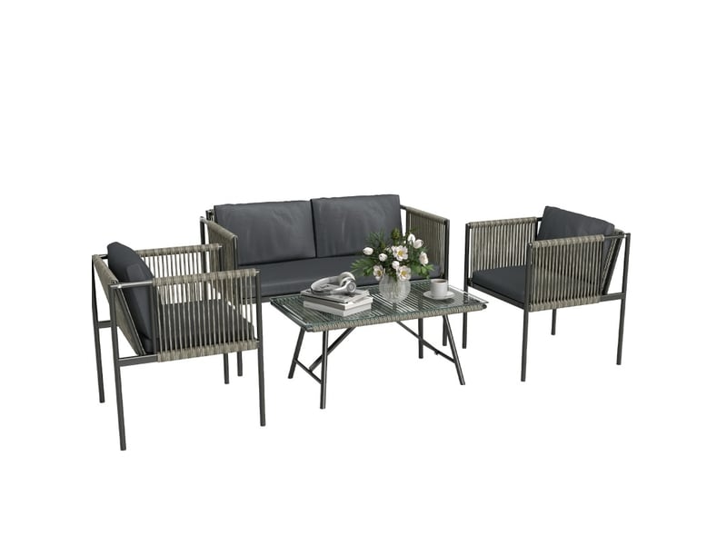 Salon de jardin 4 pièces 116x65 cm gris, canapé 2 places, 2 fauteuils, table basse en rotin synthétique - Conforama A