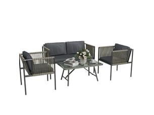Salon de jardin 4 pièces 116x65 cm gris, canapé 2 places, 2 fauteuils, table basse en rotin synthétique