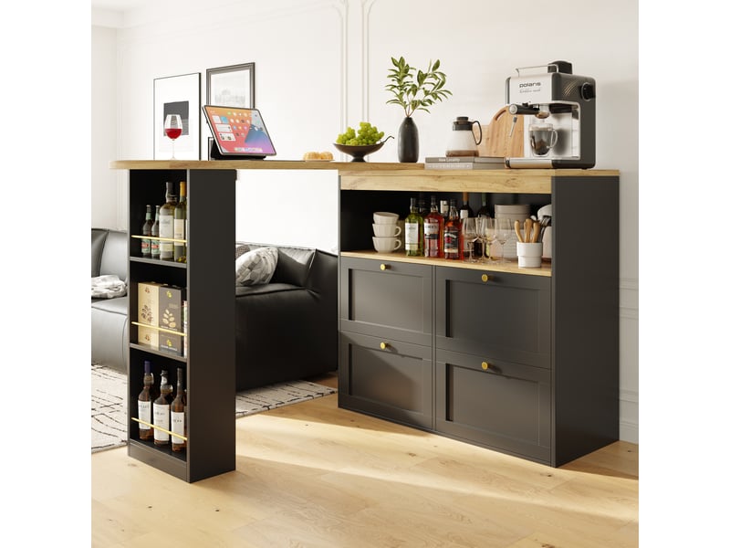  Table de bar pivotante à 360° 105 x 39 x 102 cm avec 4 tiroirs, étagère latérale pivotante à 3 niveaux, mdf, poignées dorées et métal noir, noir  - Conforama B