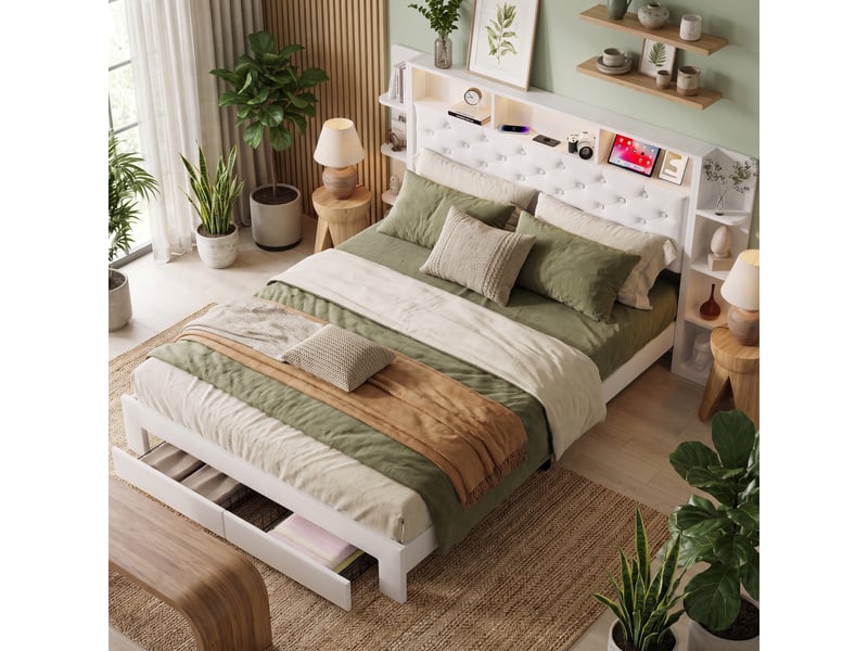  Lit 160 x 200,lit adulte led ,2 tiroirs ,usb, lit double capitonné 160 x 200 avec tête de lit de rangement ,velours blanc  - Conforama B