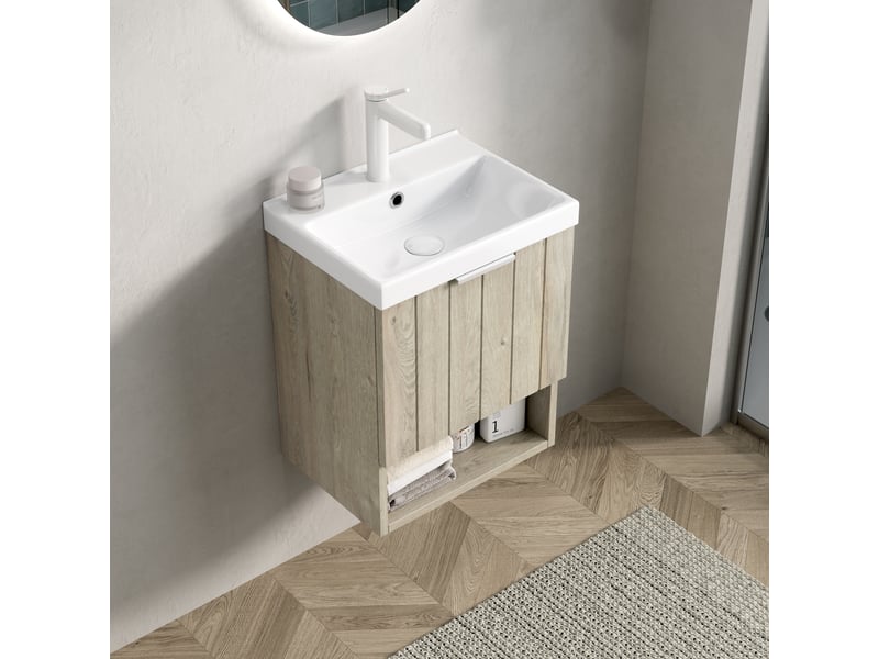  Meuble vasque suspendu avec rangement fermé et étagère ouverte - lpospi - portes à fermeture douce, céramique blanc cassé  - Conforama C