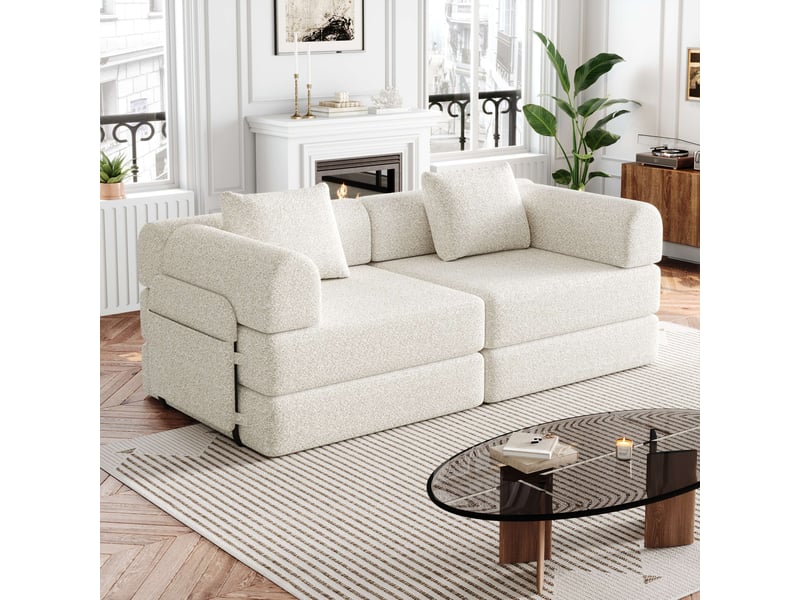  Canapé convertible 2-en-1 en chenille, rangement accoudoir, cadres acier, configurations multiples, grand confort pour salon - beige  - Conforama B