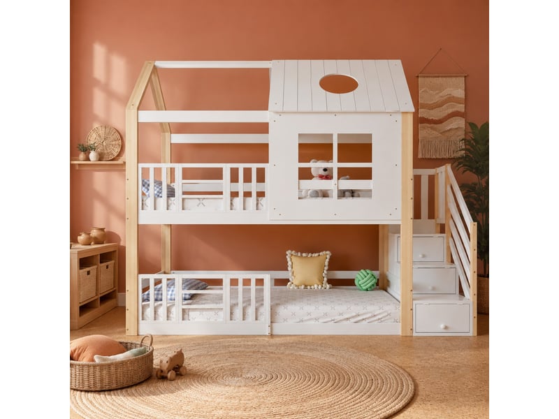  Lit superposé enfant avec escalier de rangement blanc et naturel 90 x 200 cm  - Conforama B
