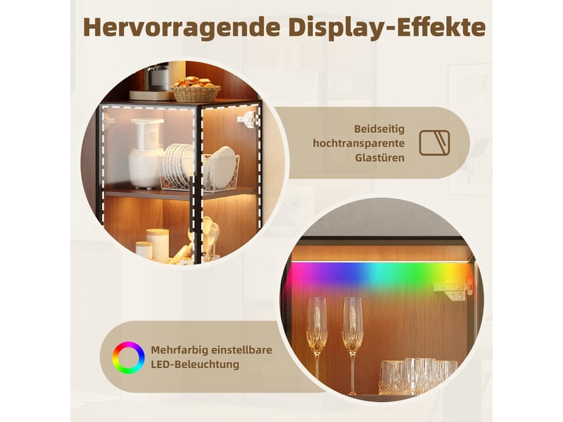  Vitrine armoire led verre 70x38x160cm meuble de rangement buffet haut avec éclairage led 5 portes pour salon cuisine - noyer  - Conforama W