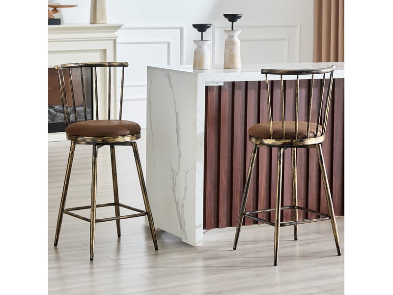 Tabouret de bar en tissu rembourré avec dossier spindel et repose-pieds, style industriel marron - Conforama C