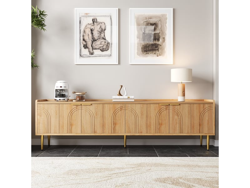 Meuble tv 170 cm bois naturel avec portes sculptées 3d, meuble tv avec pieds dorés et rangement - Conforama W