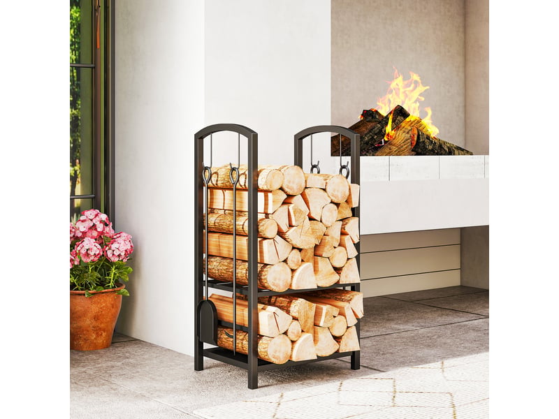  Porte-bûches en métal noir, 2 niveaux surélevés, 4 accessoires, capacité 100 kg  - Conforama D