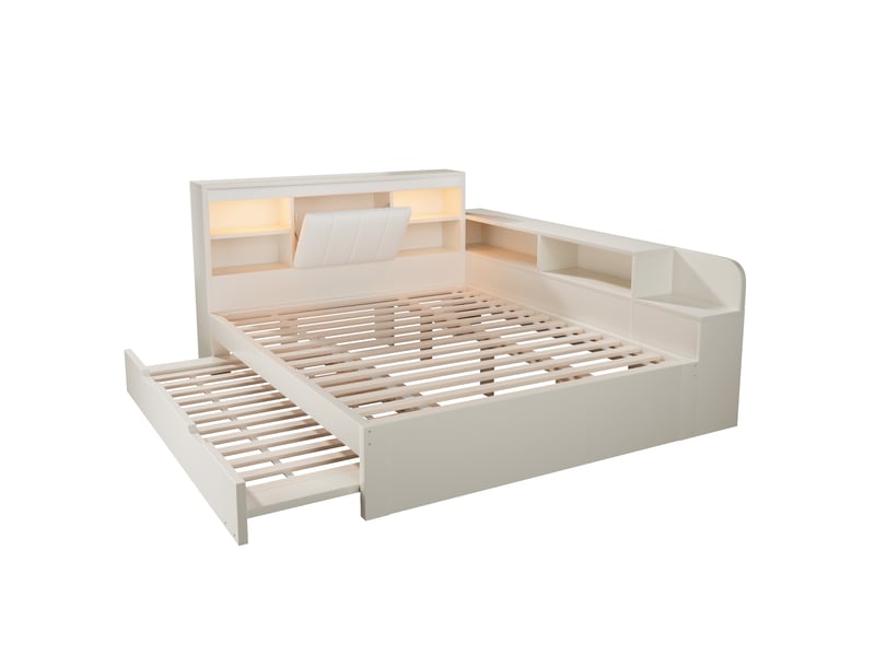  Lit gigogne 140 x 200 cm, sommier à lattes, cadre en bois, avec liseuses, ports usb et étagères, tête de lit en pu, blanc  - Conforama A