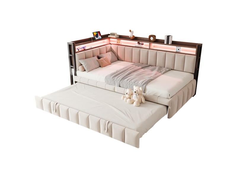  Lit banquette gigogne 90x200cm avec couchage extractible, rangements en tête et au pied, éclairage led, ports usb et type-c, velours,beige evarich - Conforama A