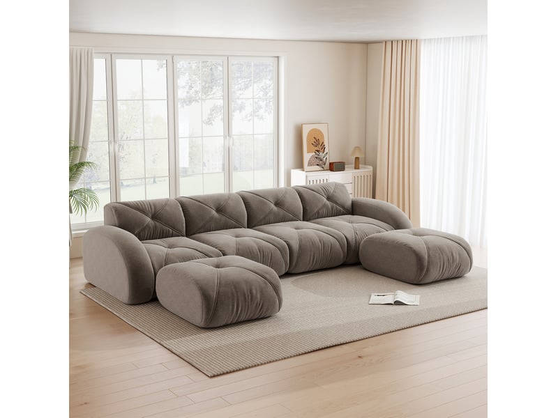 Canapé modulable en u 4 places taupe avec 2 poufs, en tissu doux sans cadre, sans montage pour le salon - Conforama E