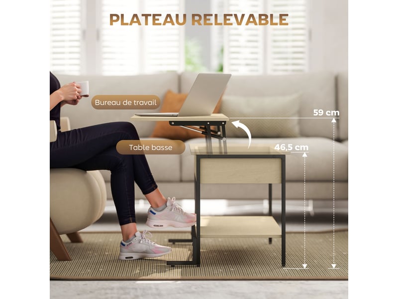  Table basse avec plateau relevable, table de salon avec compartiment caché et étagère ouverte, bois naturel, 95x40x59cm  - Conforama D
