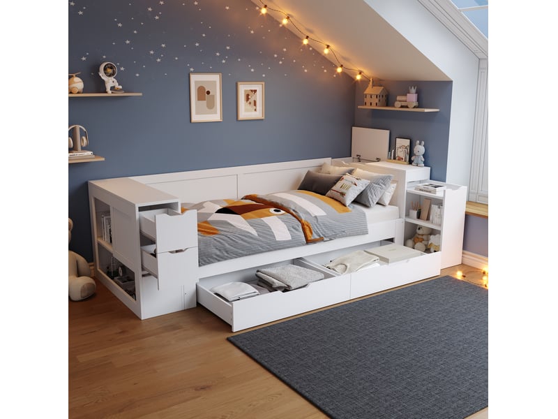 Lit avec rangement 90x200 cm blanc avec table de chevet - Conforama B