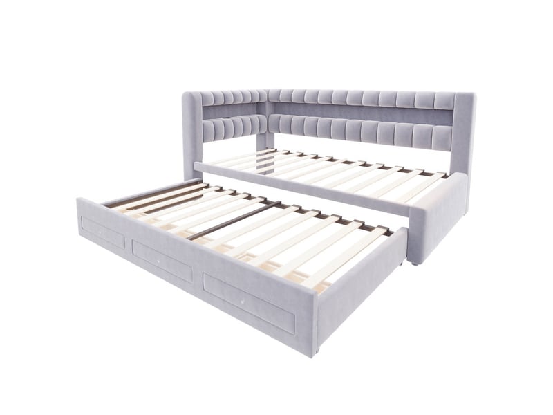  Lit gigogne, 90x190 cm,avec couchage d'appoint, tiroirs, led, usb, velours, gris clair, sans matelas  - Conforama A