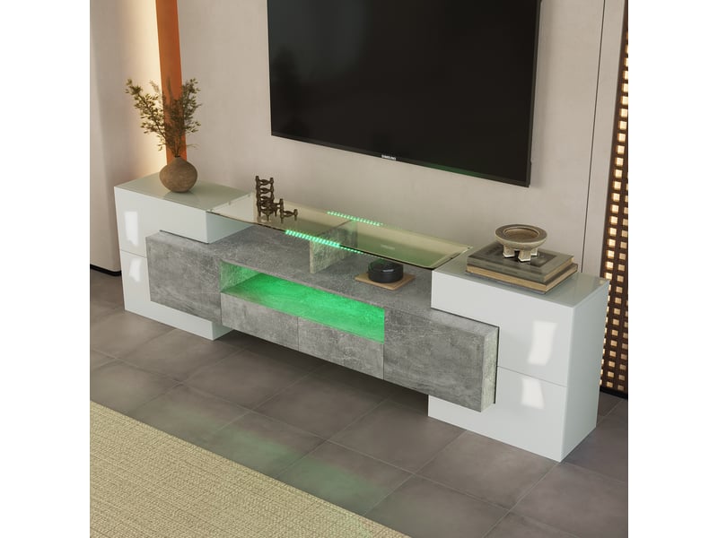  Meuble tv 200 cm avec led et plateau en verre - design moderne - structure mdf - gris et blanc  - Conforama C