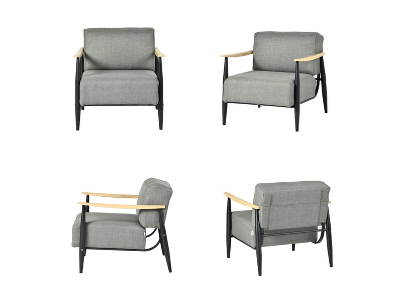  Fauteuil de salon à ressorts avec ensachés assise épaisse, accoudoirs en bois, structure en acier, gris  - Conforama W